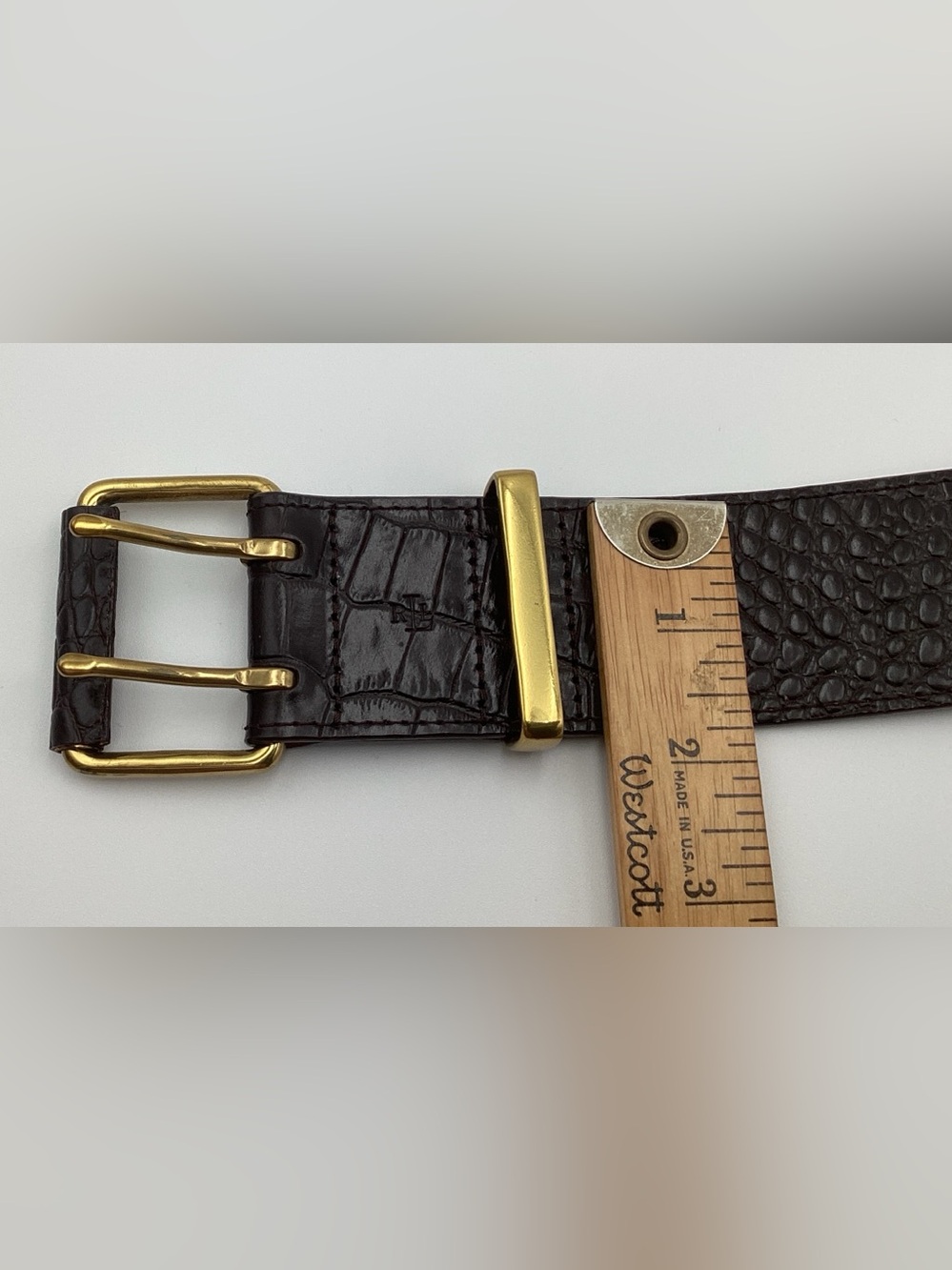 Ralph Lauren belt wide, croc-embossed leather gold-tone double-prong hardware M - Picture 9 of 9